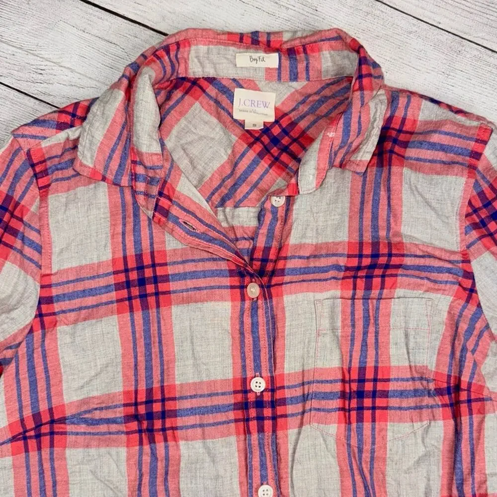 J. Crew Women's Boy Fit Pink Plaid Button Up Shirt 100% Cotton Size Small